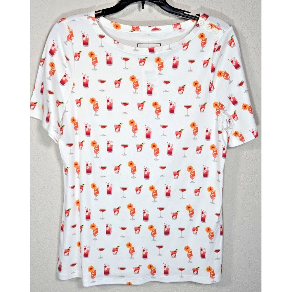 Charter Club‎ Cocktail Drinks Print Shirt Womens Medium White Supima Cotton NWT